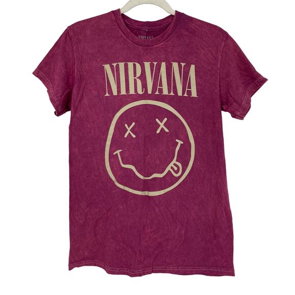 Officially Licensed Nirvana Nevermind Smiley Grunge Tee Magenta Acid Wash Small - Picture 1 of 5